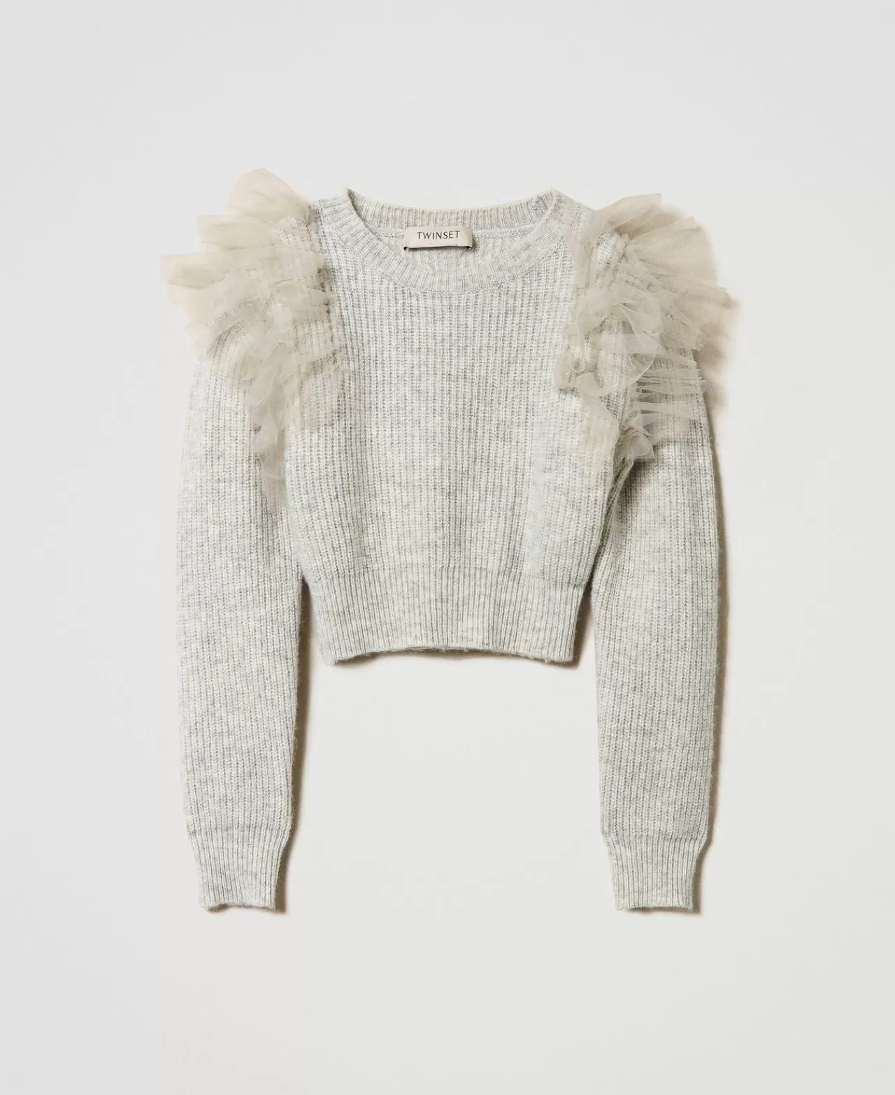 Maglie E Cardigan | TWINSET Milano Maglia Regular Con Balze In Tulle Grigio Mélange