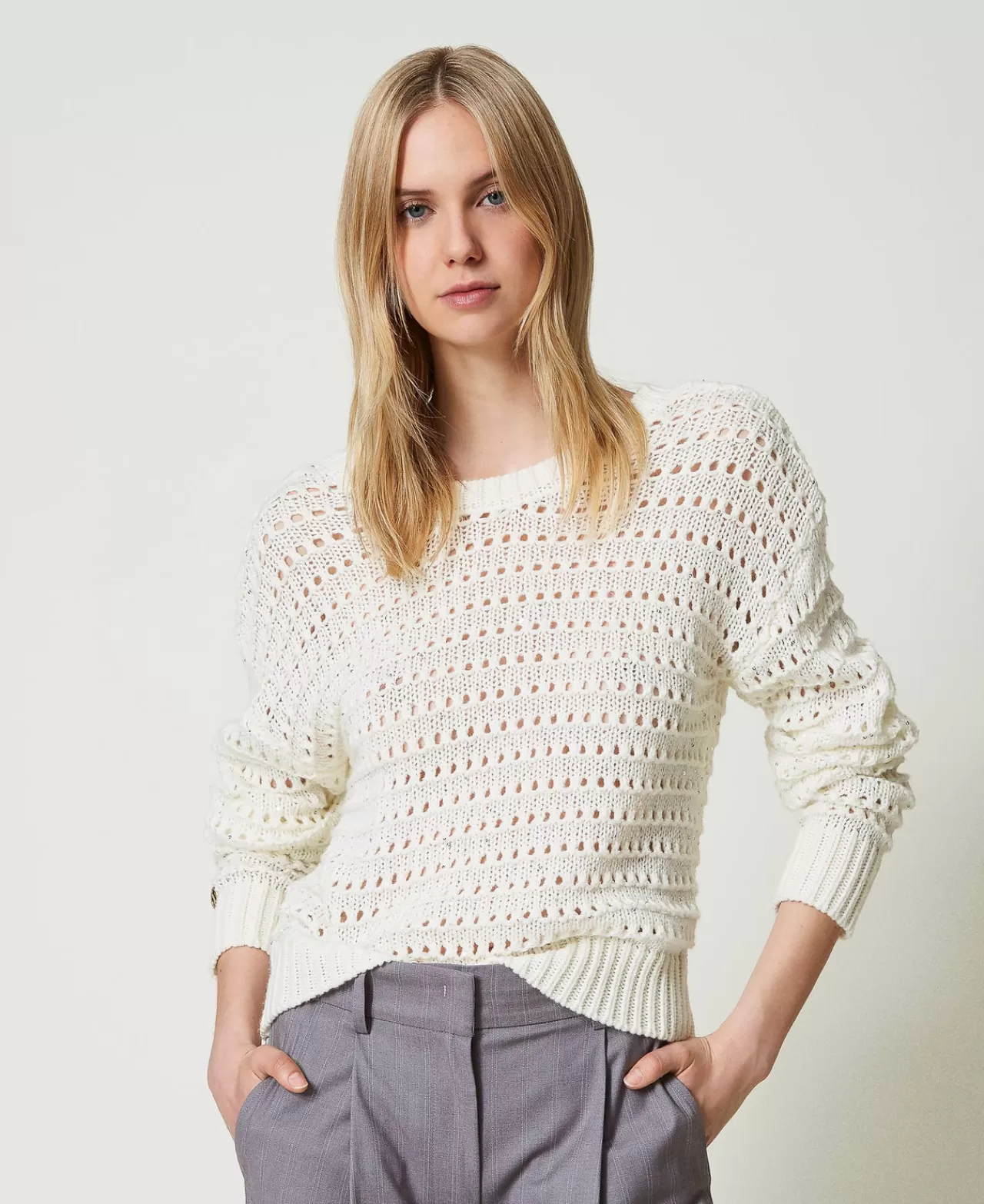 Maglie E Cardigan | TWINSET Milano Maglia Traforata Con Paillettes Bianco Neve