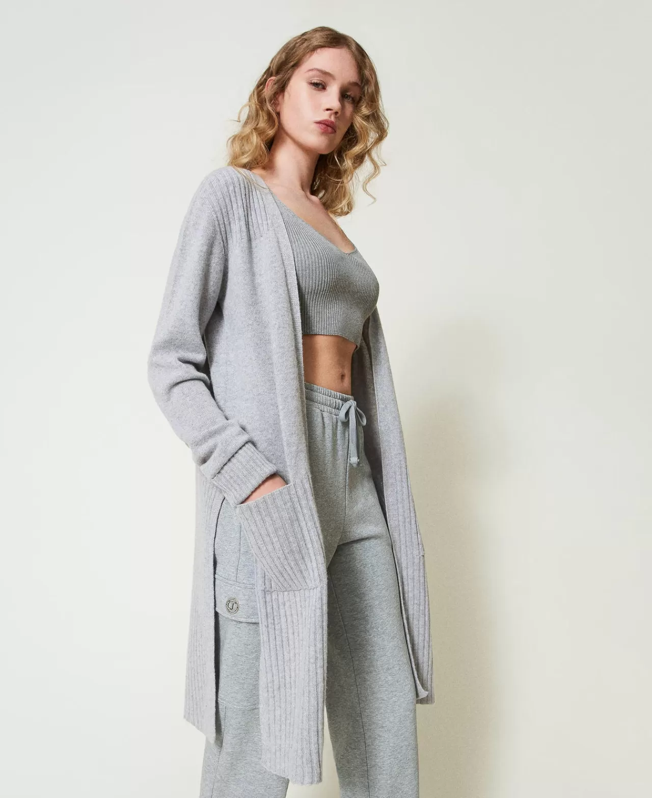 Maglie E Cardigan | TWINSET Milano Maxi Cardigan In Misto Lana E Lurex Bicolor Grigio / Argento