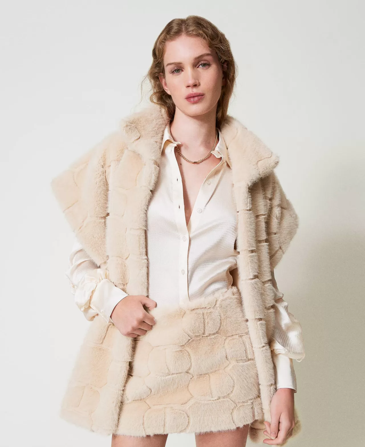 Gonne | TWINSET Milano Minigonna In Faux Fur Con Oval T Bianco "White Cream"