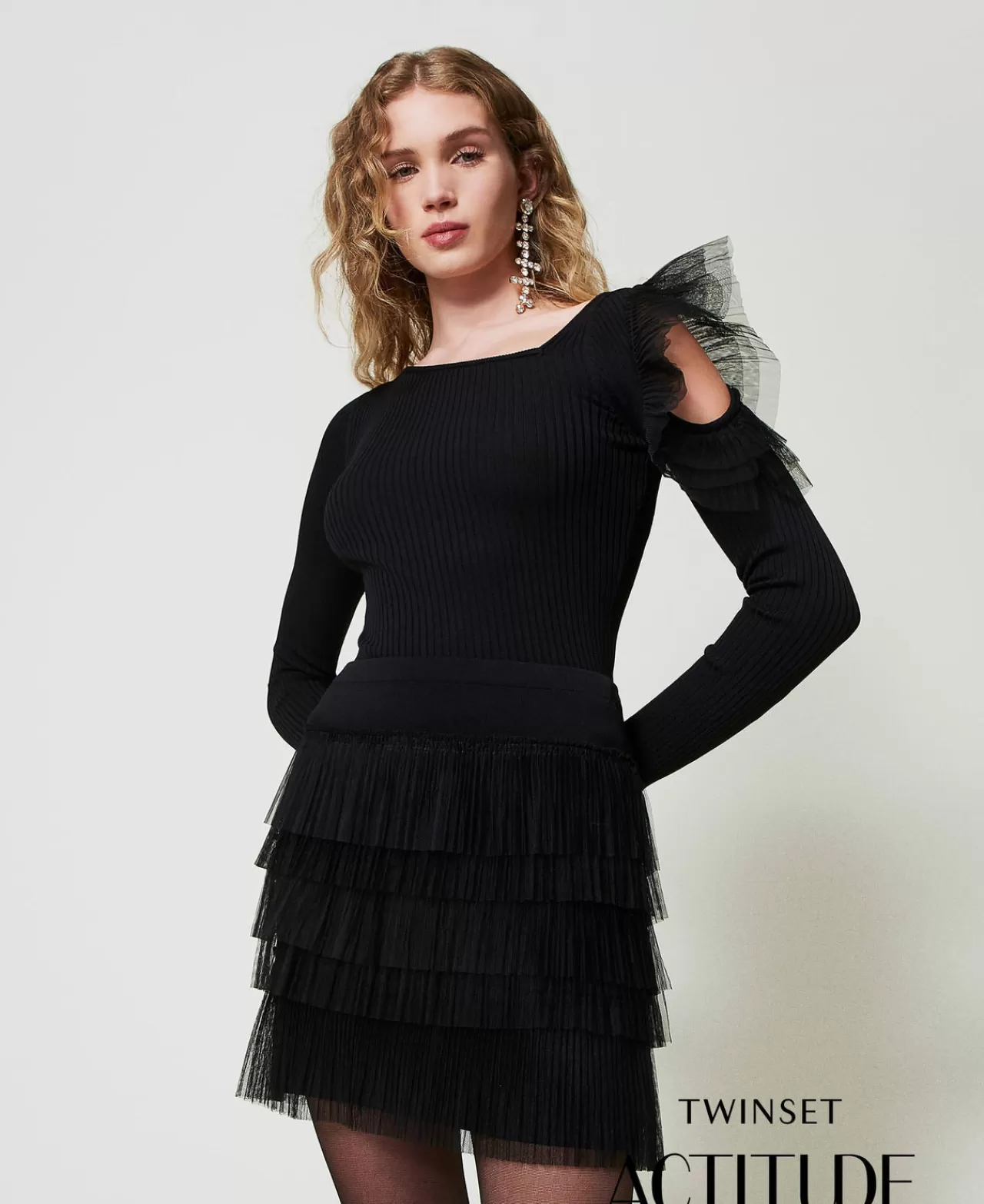 Gonne | TWINSET Milano Minigonna In Maglia Con Balze In Tulle Nero