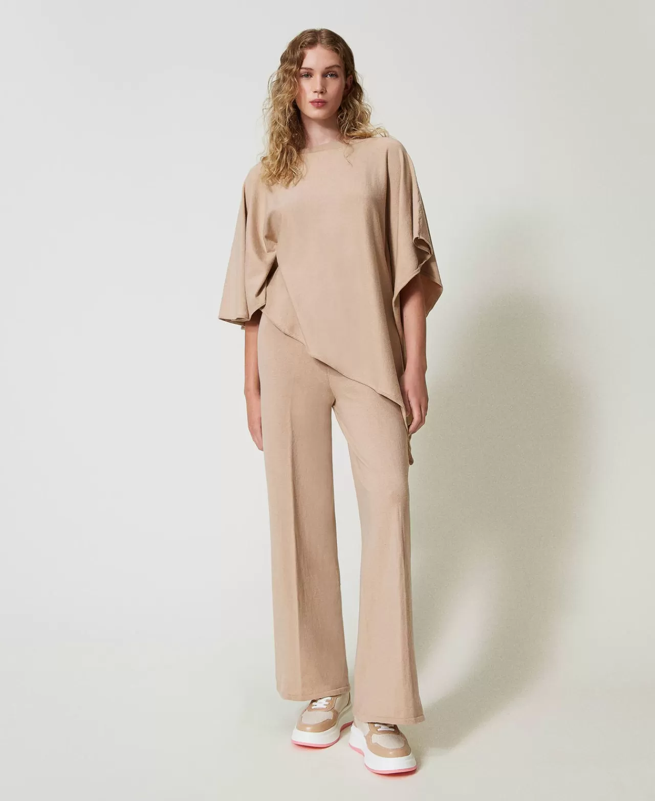 Pantaloni Ampi E A Palazzo | TWINSET Milano Pantaloni A Palazzo In Maglia Wonder Beige