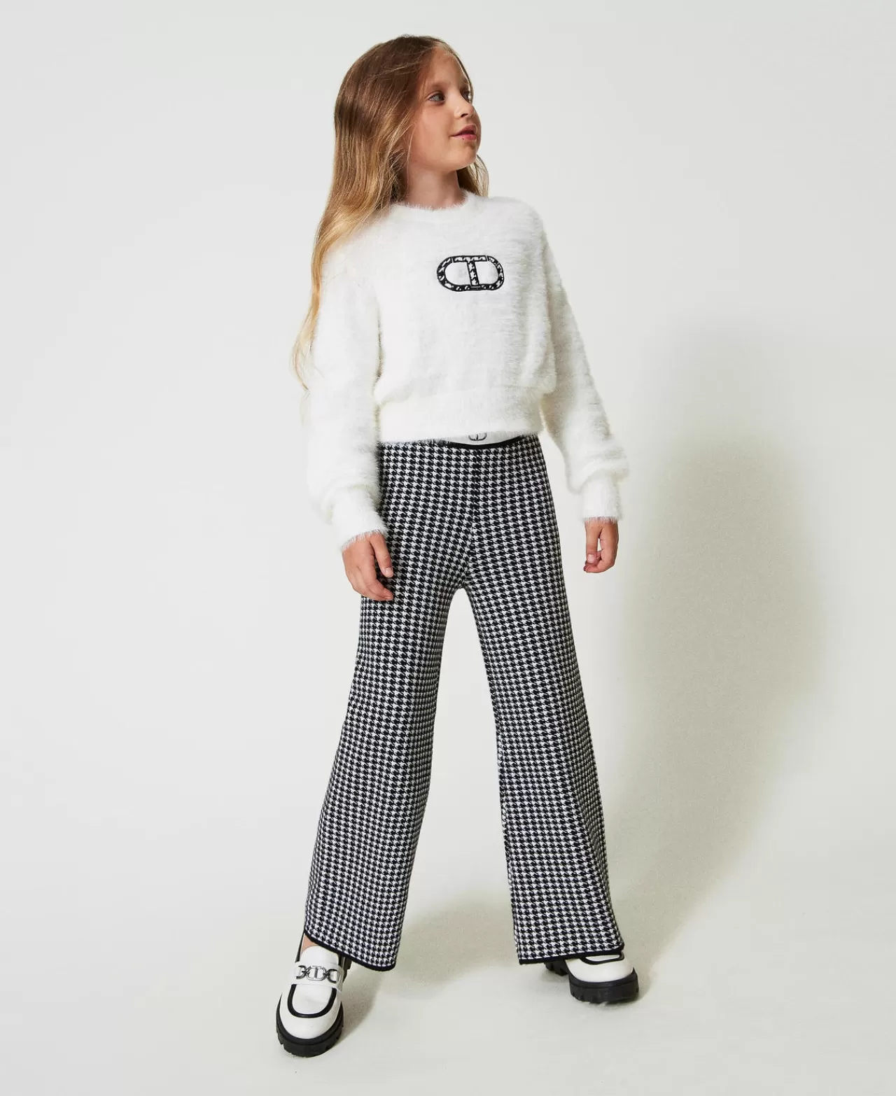 Pantaloni E Jeans | TWINSET Milano Pantaloni In Maglia Jacquard Pied De Poule Bicolor Off White / Nero