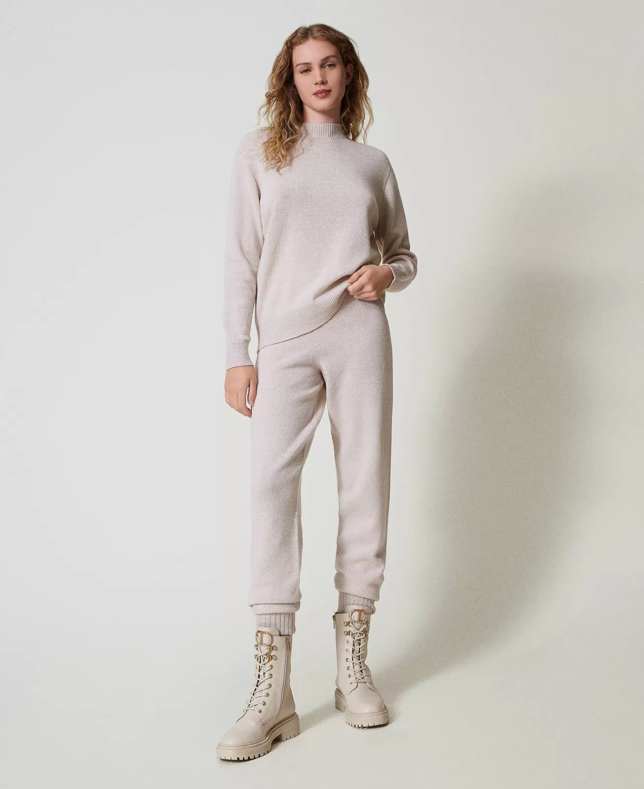 Pantaloni Jogging | TWINSET Milano Pantaloni Joggers In Maglia Misto Lana E Lurex Bicolor Bianco Neve / Oro Lurex