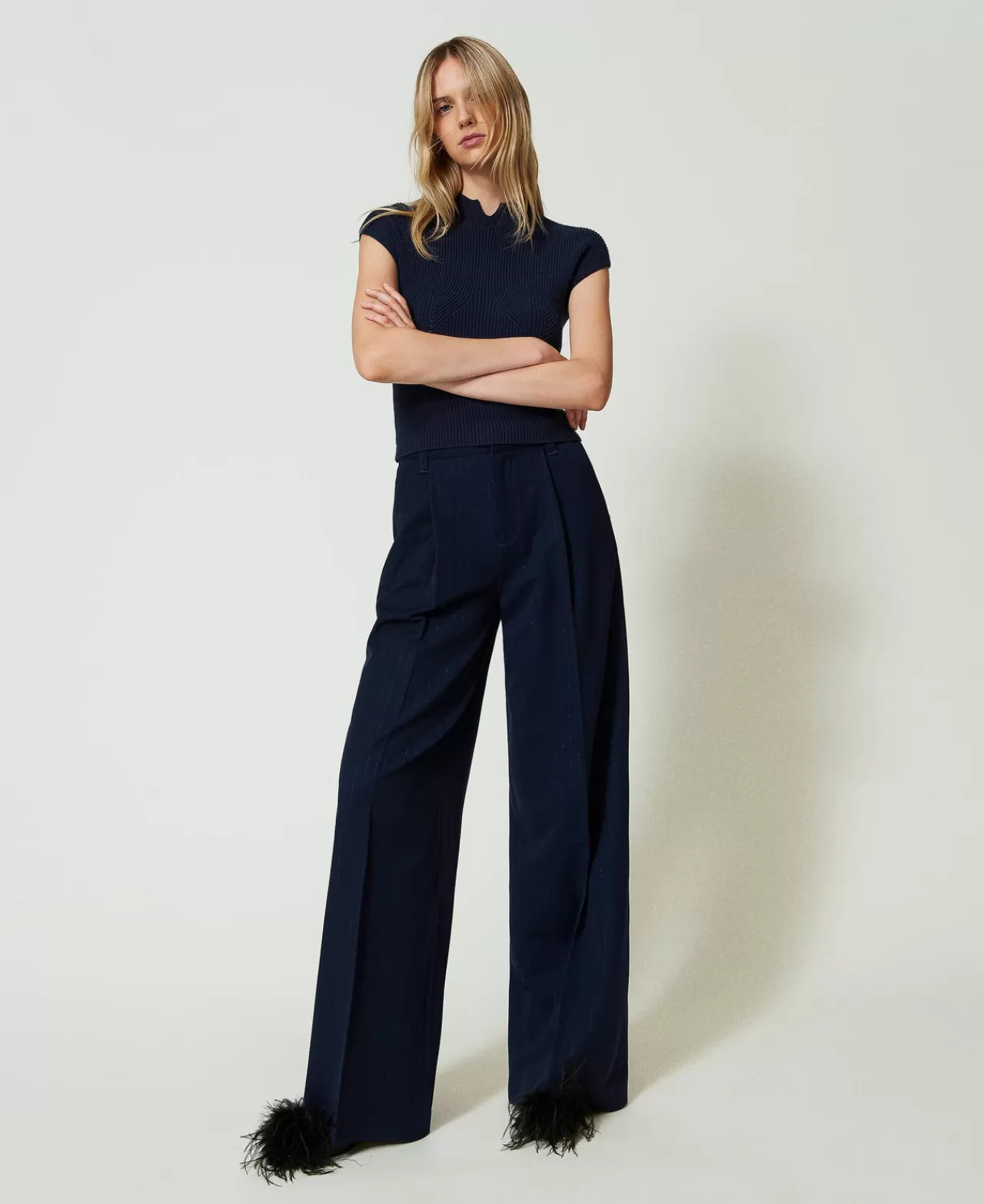 Pantaloni Eleganti | Pantaloni Ampi E A Palazzo | TWINSET Milano Pantaloni Wide Leg Gessati Lurex Indaco Gessato Lurex