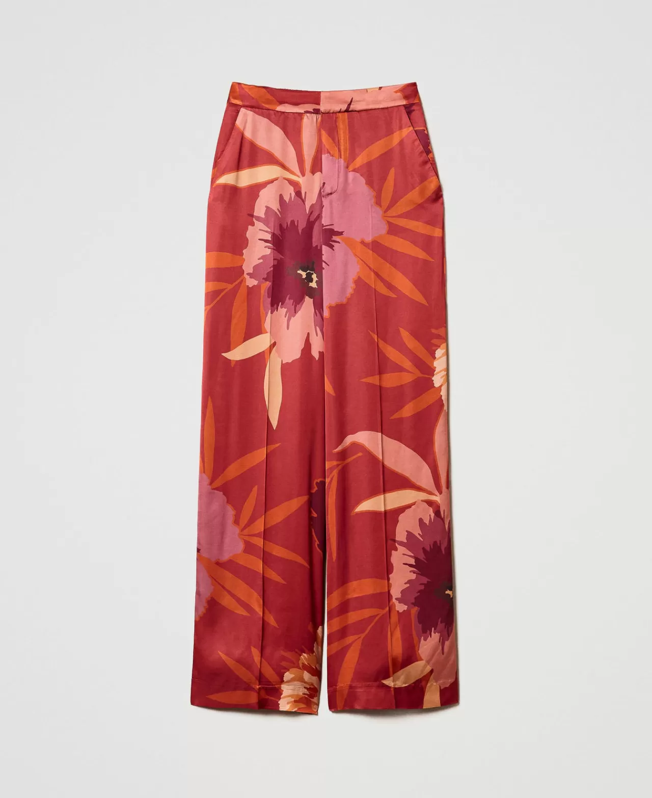 Pantaloni Ampi E A Palazzo | TWINSET Milano Pantaloni Wide Leg In Raso A Fiori Macro Flowers Rosso / Red Plum