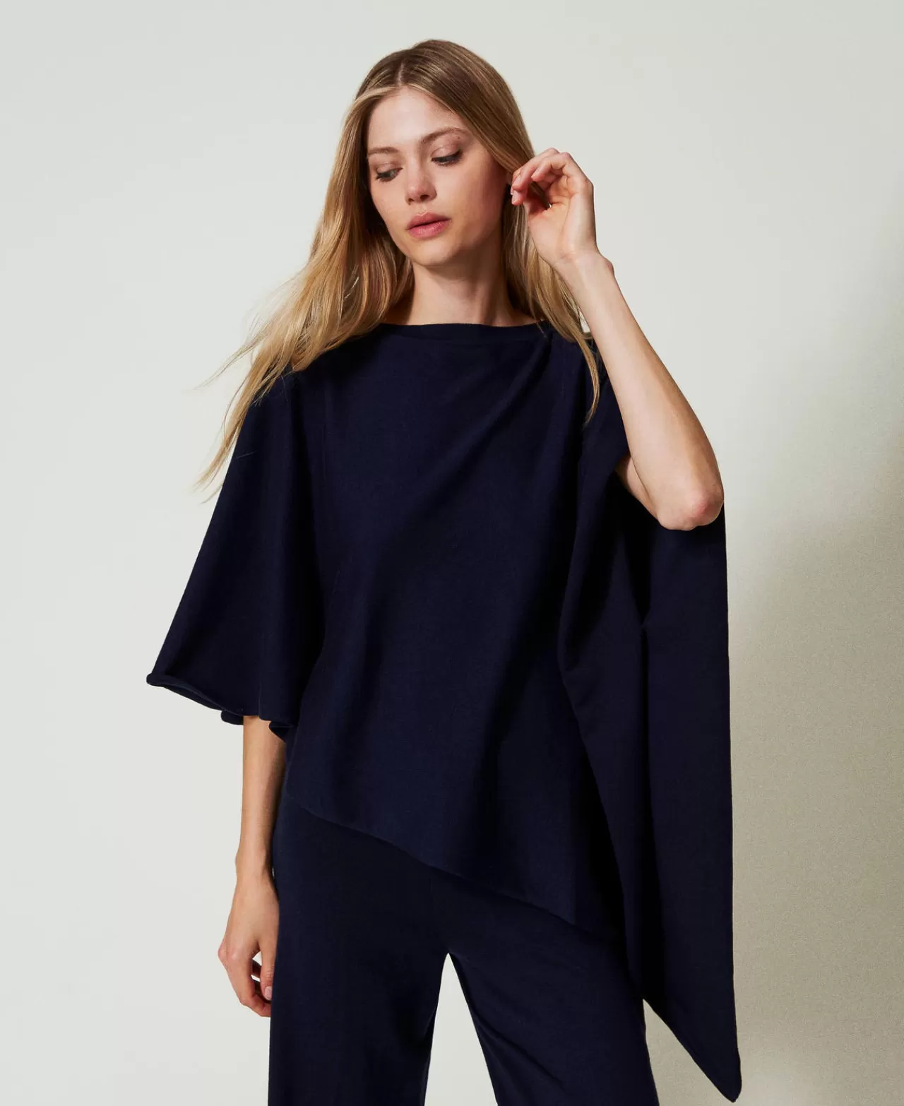 Poncho | TWINSET Milano Poncho Asimmetrico In Maglia Blu Blackout