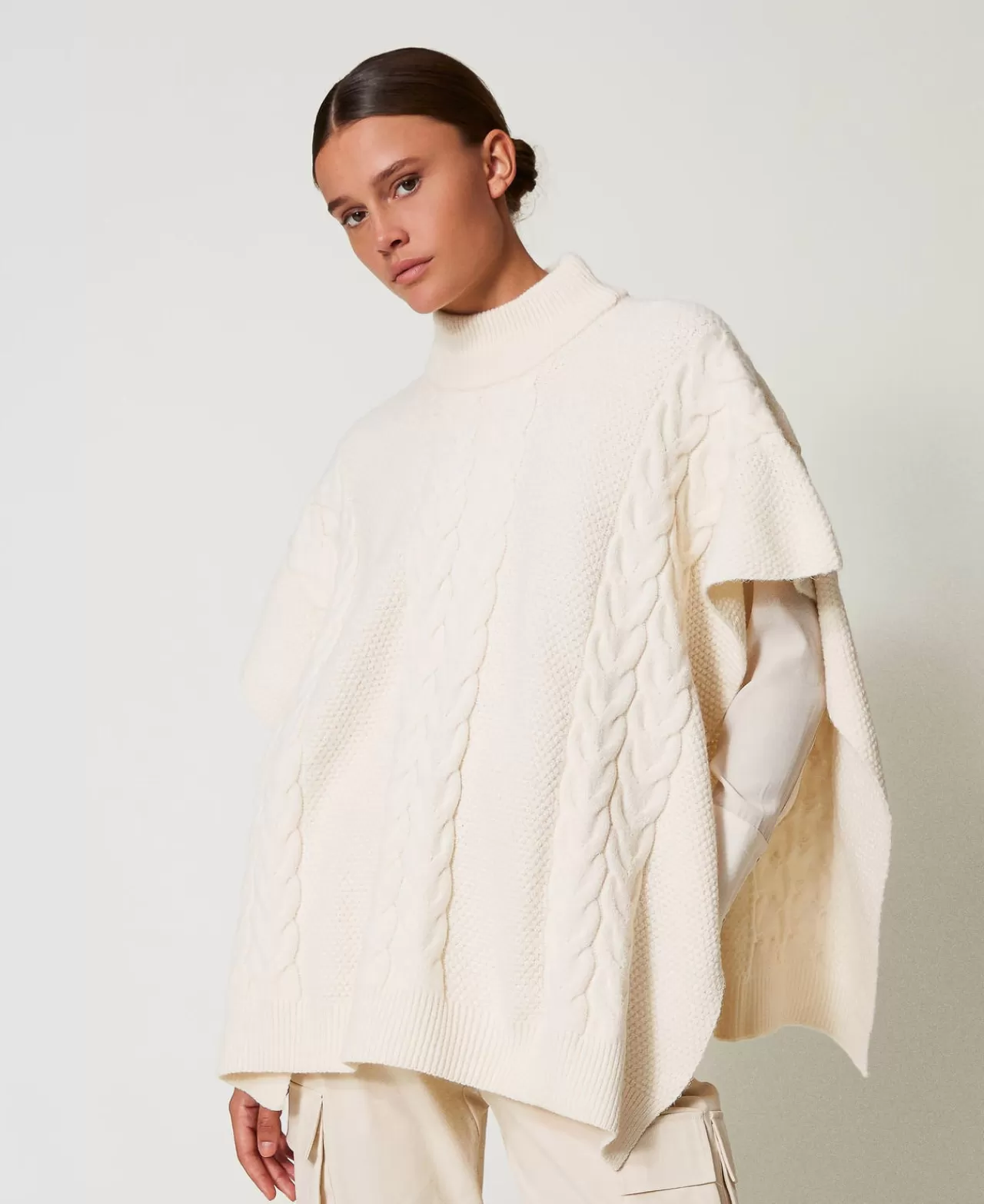 Poncho | TWINSET Milano Poncho In Maglia Con Trecce Bianco Antique White