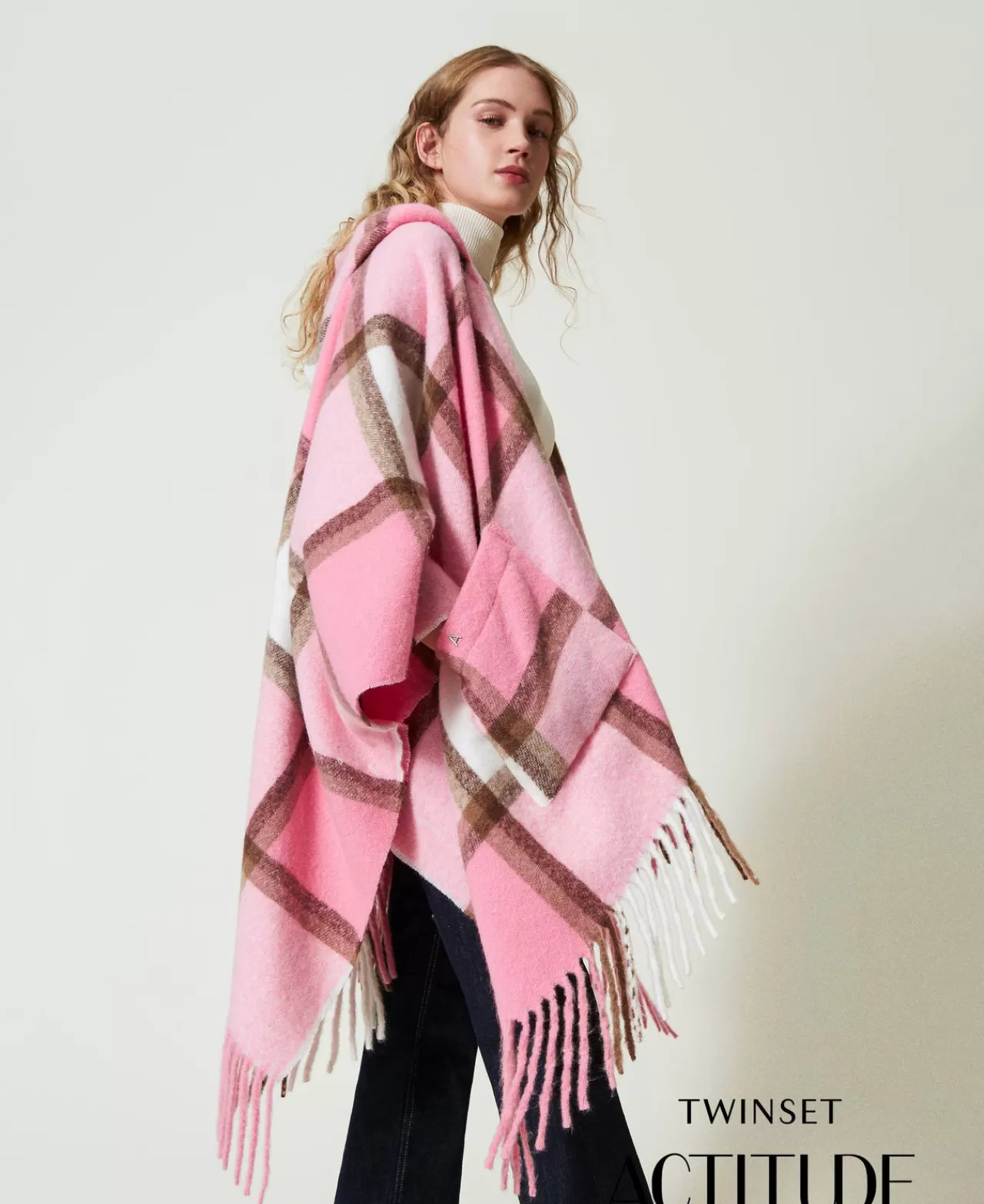 Poncho | TWINSET Milano Poncho In Panno Con Frange Multicolor Check Rosa "Crystal Pink"