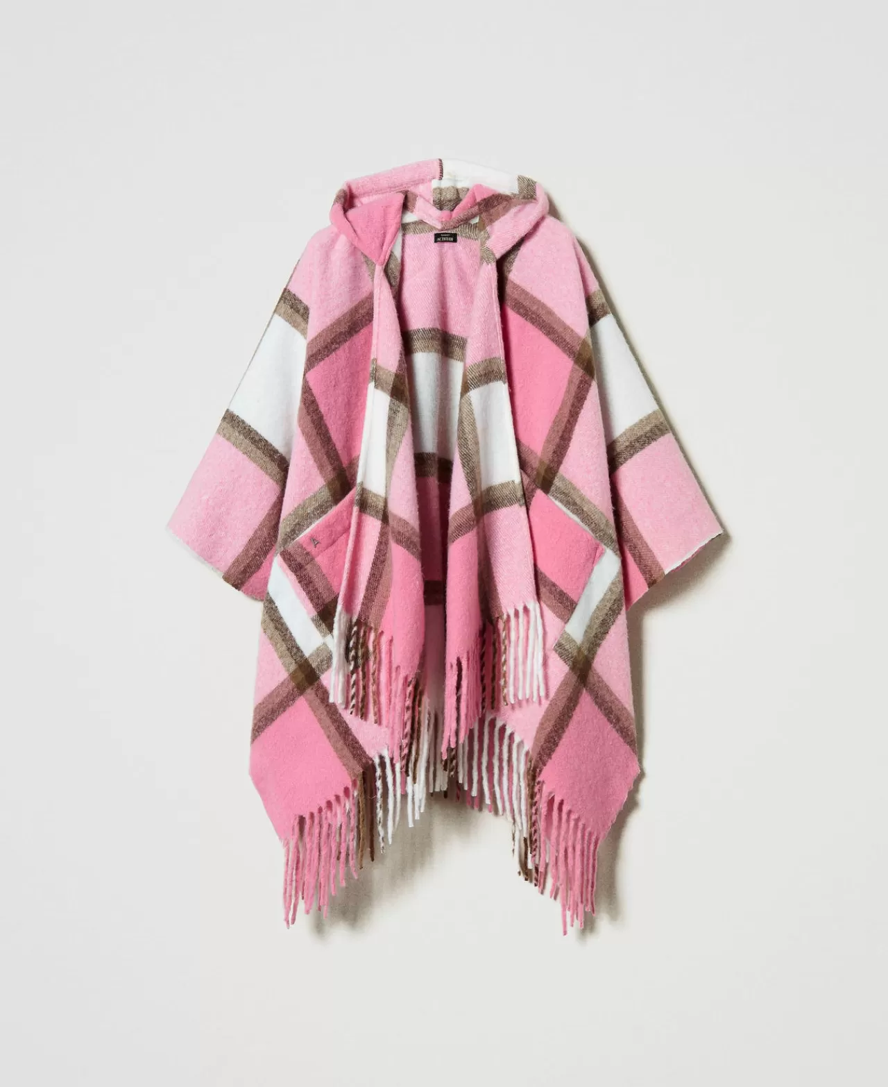 Poncho | TWINSET Milano Poncho In Panno Con Frange Multicolor Check Rosa "Crystal Pink"