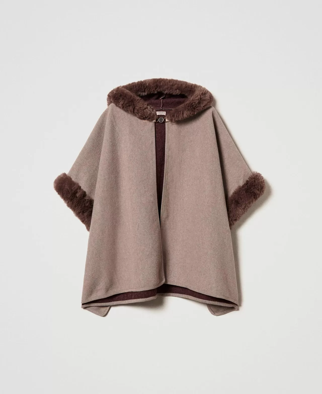 Poncho | TWINSET Milano Poncho In Panno E Faux Fur Chocolate Malt