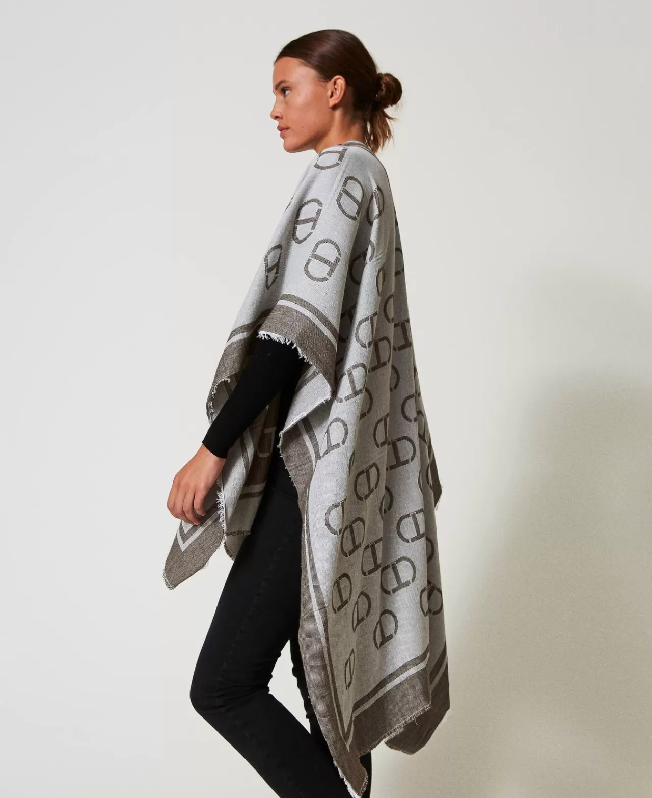 Poncho | TWINSET Milano Poncho Jacquard Con Oval T Jacquard Oval T Warm Melange Grey