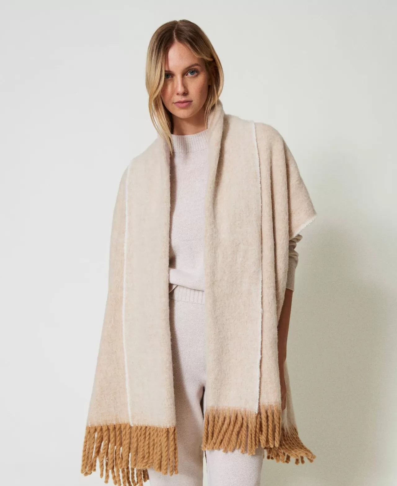 Poncho | TWINSET Milano Poncho Mélange Con Frange Marrone "Sandy Brown"