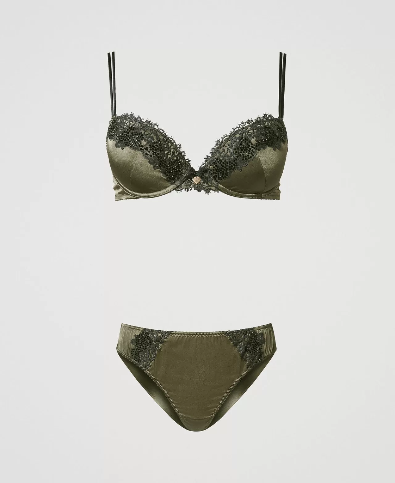 Intimo E Nightwear | TWINSET Milano Reggiseno Push-up E Slip Brasiliana In Seta Bicolor Green Moss / Blackout