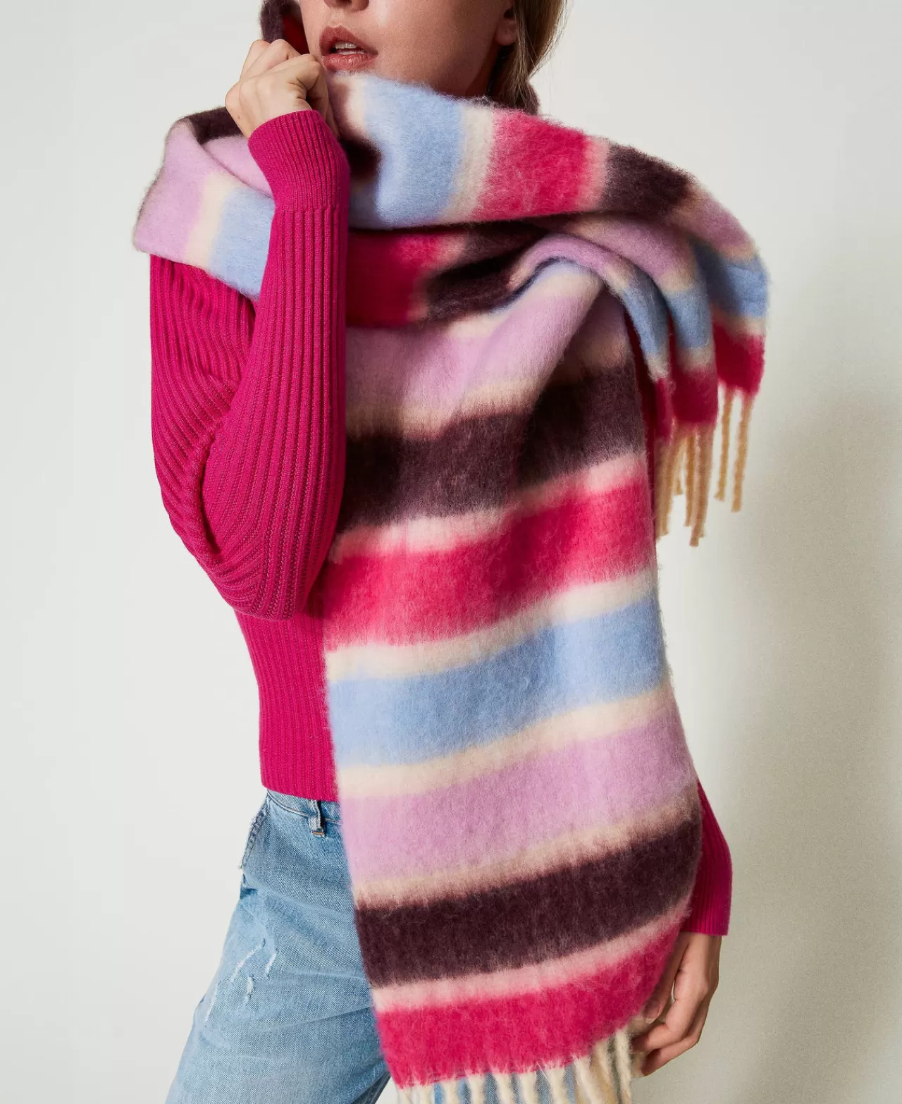 Sciarpe | TWINSET Milano Sciarpa A Righe Multicolor Con Frange Multicolor Stripes Off White