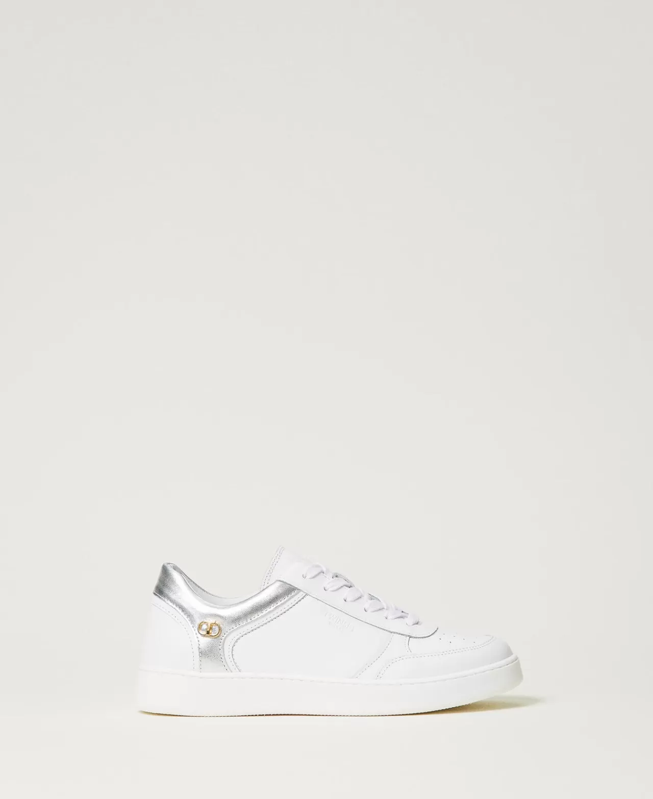 Scarpe Basse | Sneakers | TWINSET Milano Sneakers In Pelle Con Inserti Laminati Bicolor Bianco Ottico / Argento