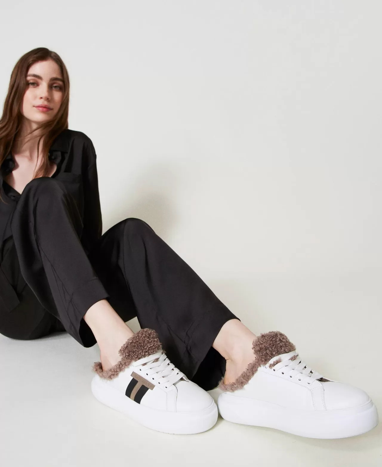 Scarpe Basse | Sneakers | TWINSET Milano Sneakers Slide Con Faux Fur Bianco