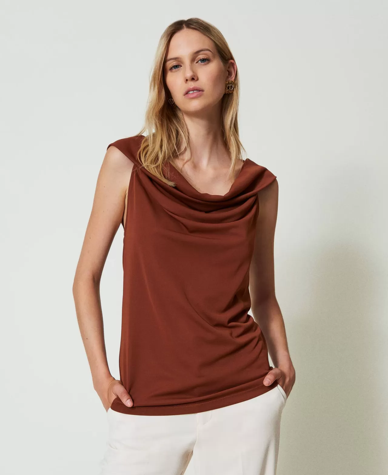 T-Shirt E Top | TWINSET Milano Top Con Collo Drappeggiato Marrone "Terra Senese"