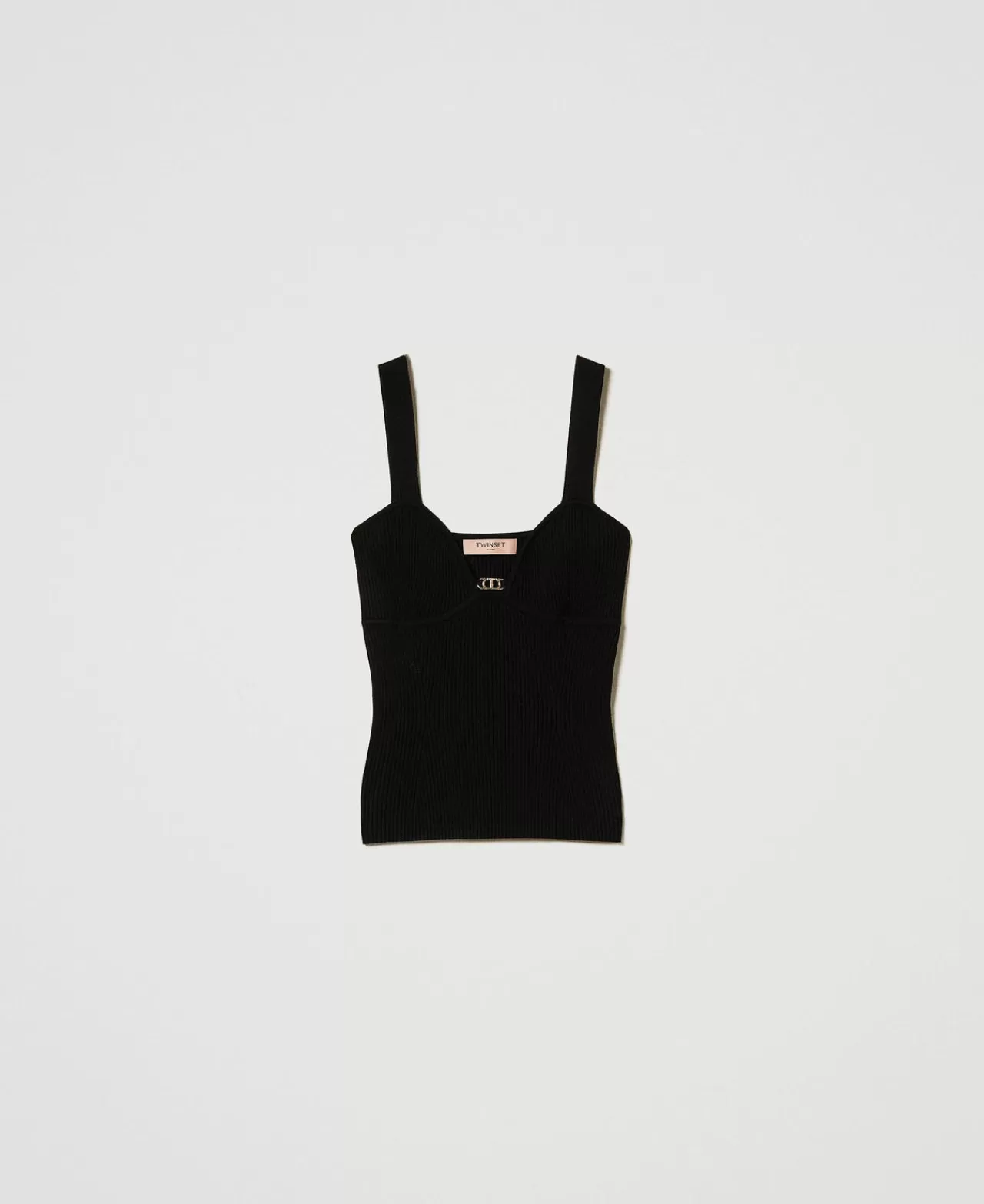 T-Shirt E Top | TWINSET Milano Top Fitted In Maglia Con Logo Oval T Nero