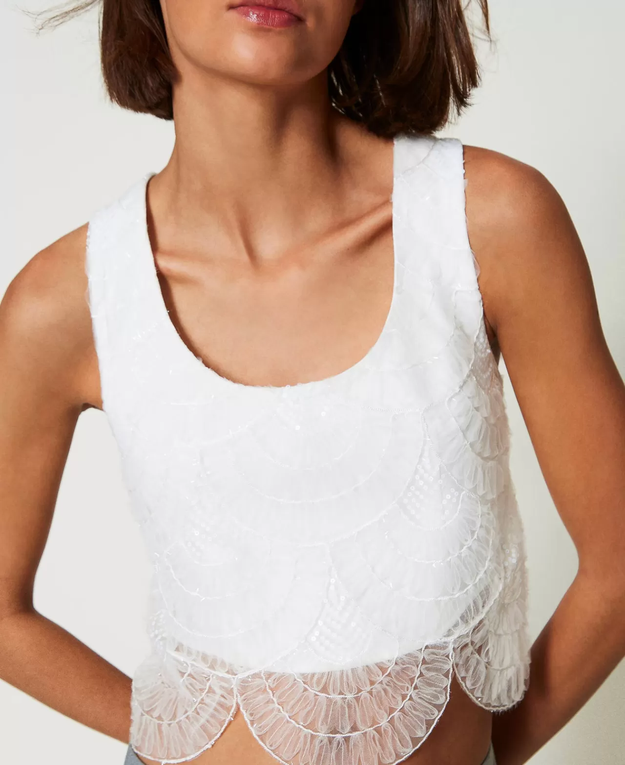 T-Shirt E Top | TWINSET Milano Top In Crêpe Cady E Organza Ricamata Panna White