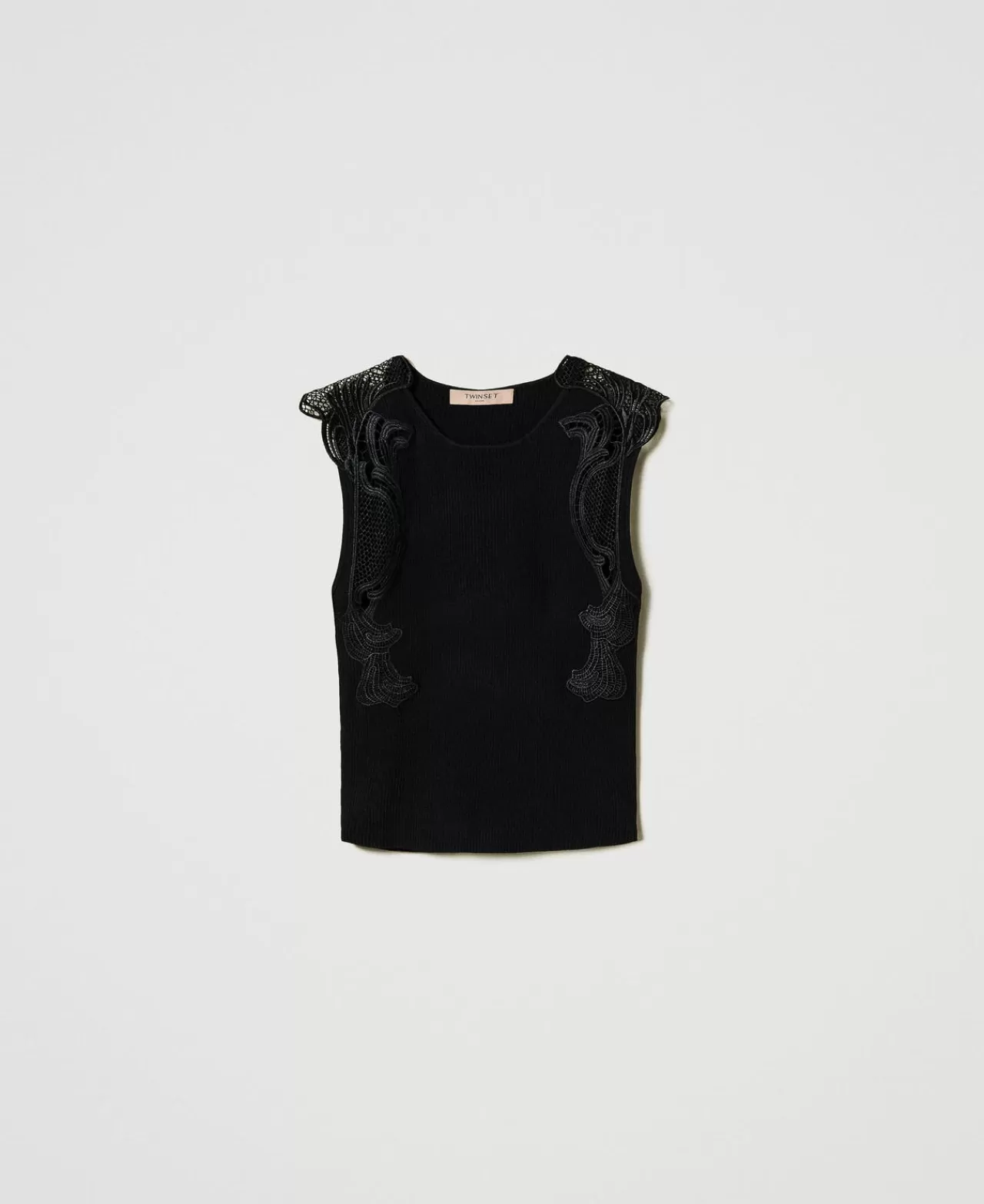 T-Shirt E Top | TWINSET Milano Top In Maglia Con Pizzo Nero