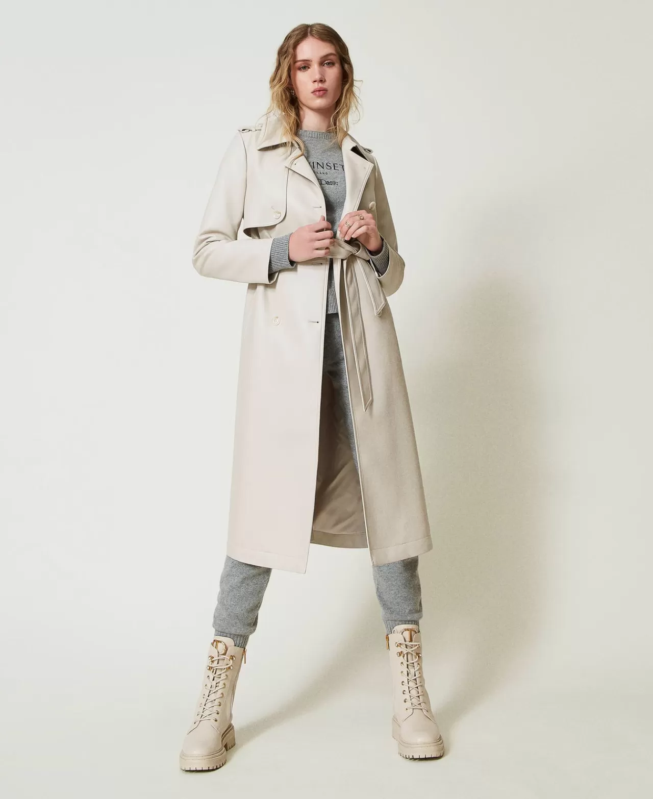 Cappotti E Trench | TWINSET Milano Trench Lungo Spalmato Con Cintura Bianco "Old White"