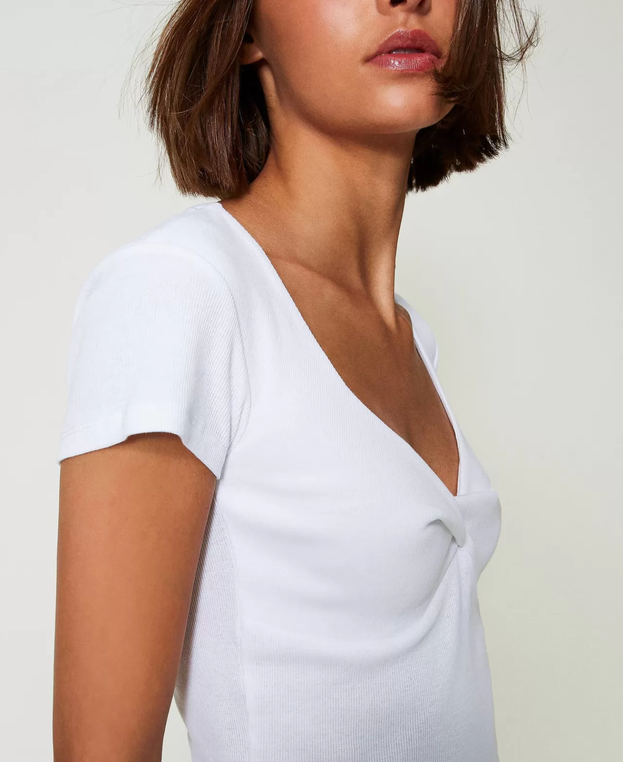 T-Shirt E Top | TWINSET Milano T-shirt A Costine Con Nodo Bianco "Papers"