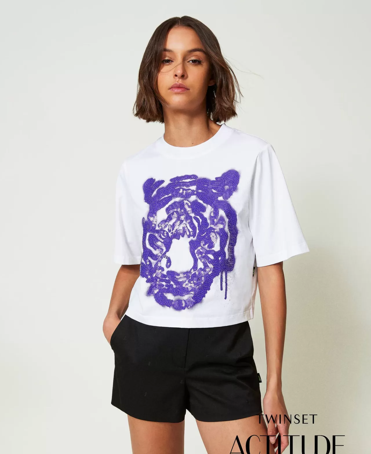 T-Shirt E Top | TWINSET Milano T-shirt Boxy MYFO Con Stampa E Paillettes Stampa Purple Tiger