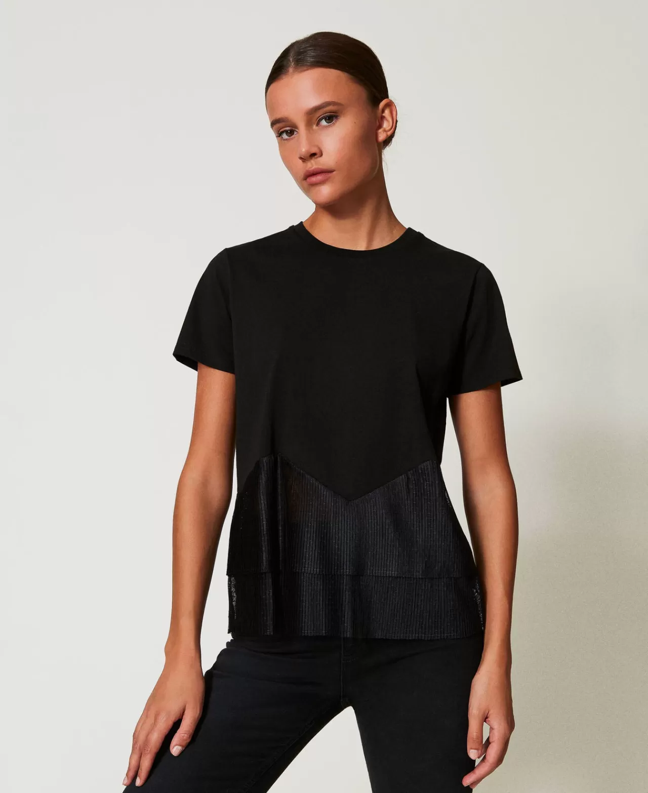 T-Shirt E Top | TWINSET Milano T-shirt Con Balze In Tulle Nero