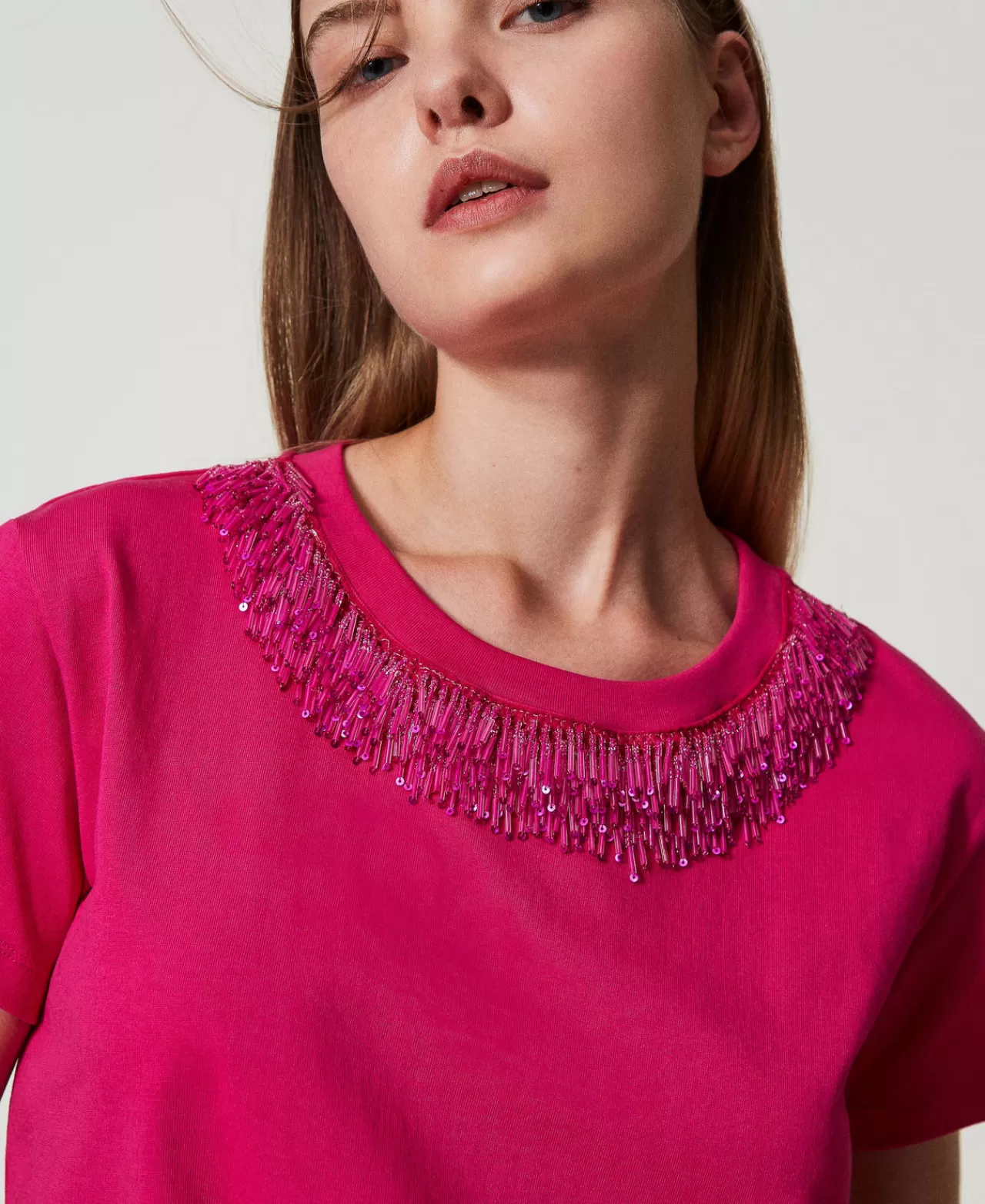 T-Shirt E Top | TWINSET Milano T-shirt Con Frange Ricamate Super Pink