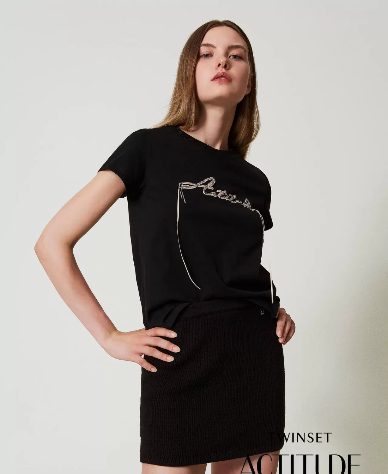 T-Shirt E Top | TWINSET Milano T-shirt Con Logo E Strass Nero