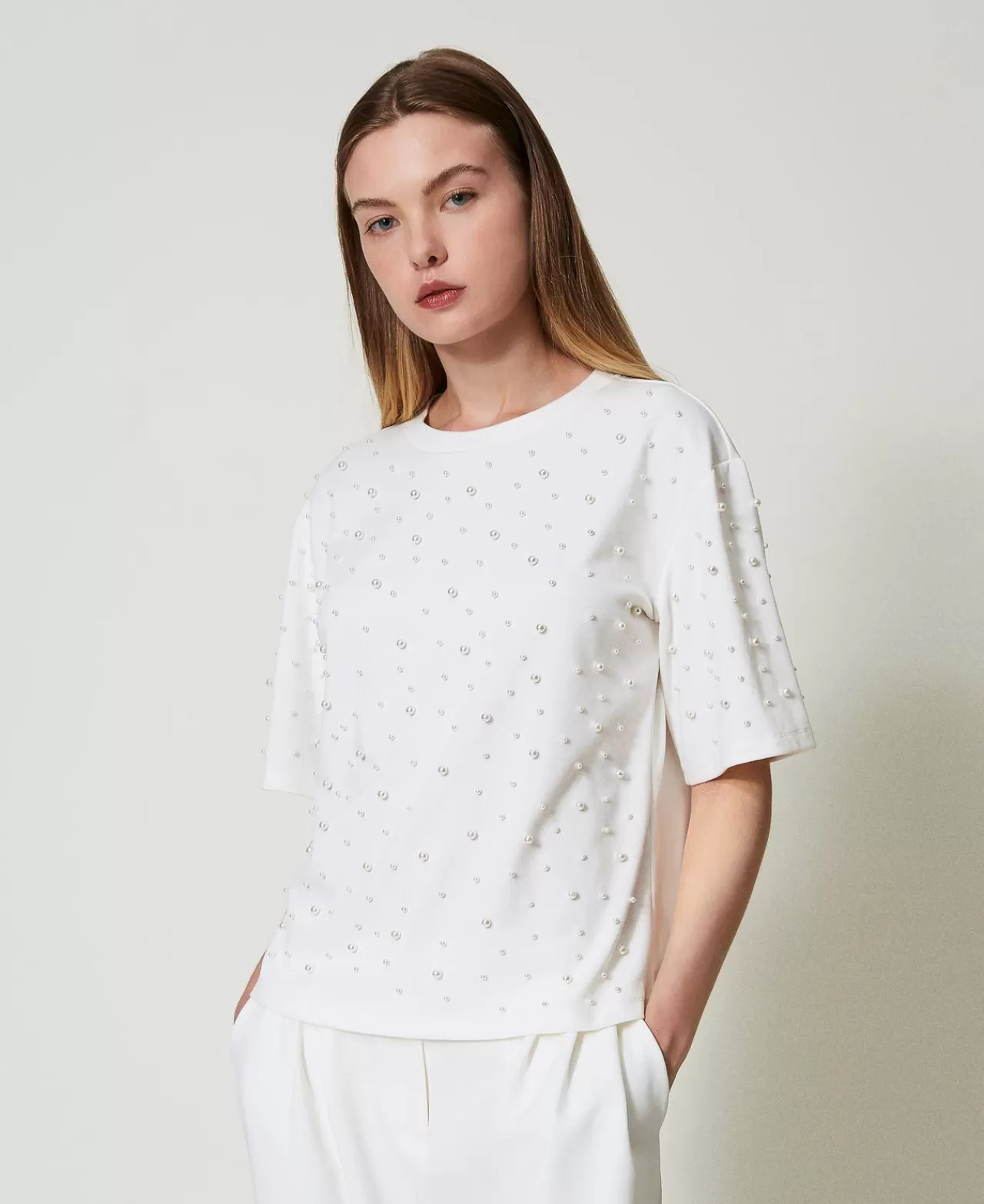 T-Shirt E Top | TWINSET Milano T-shirt Con Perle Bianco Antique White