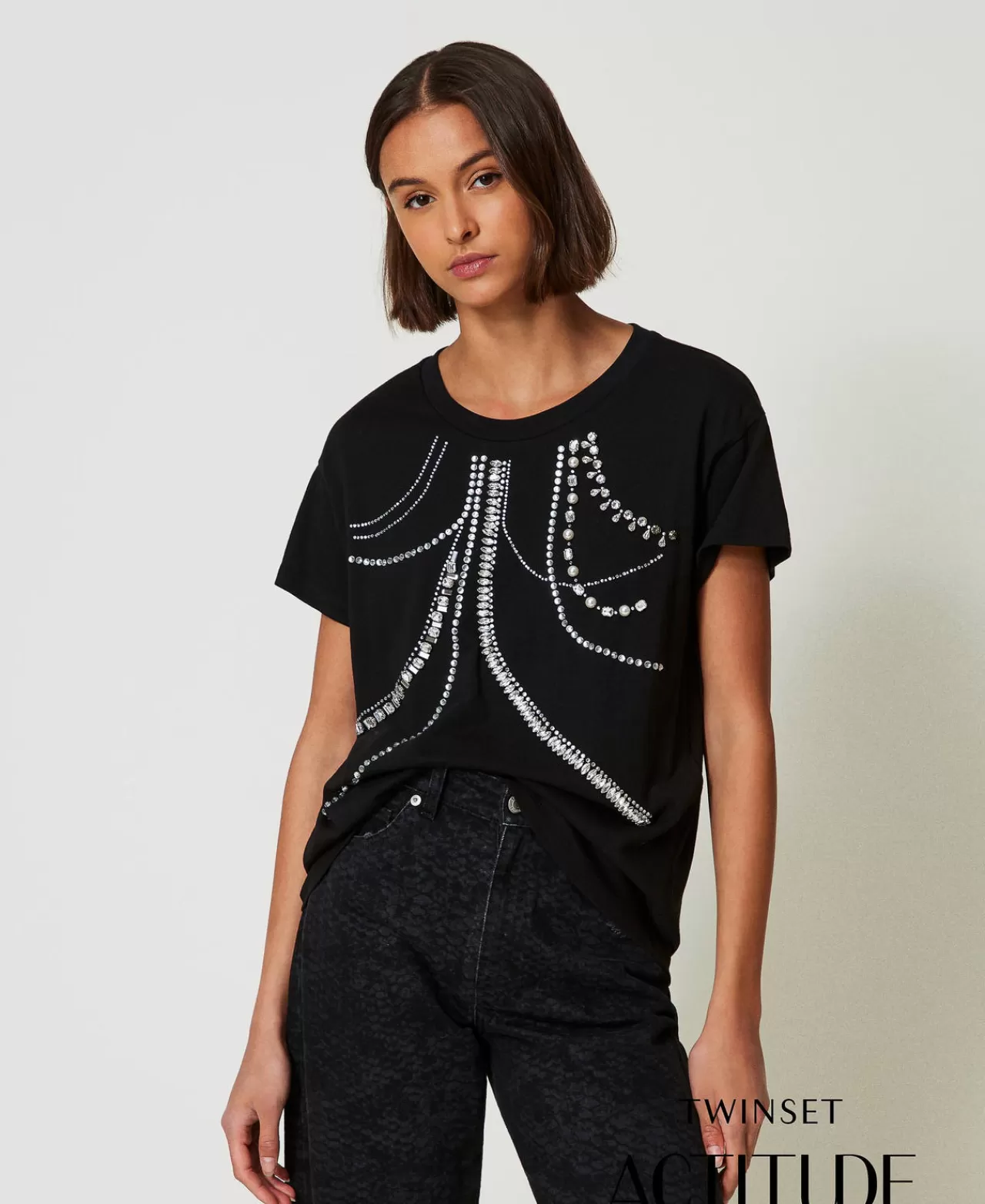 T-Shirt E Top | TWINSET Milano T-shirt Con Ricami E Perle Nero