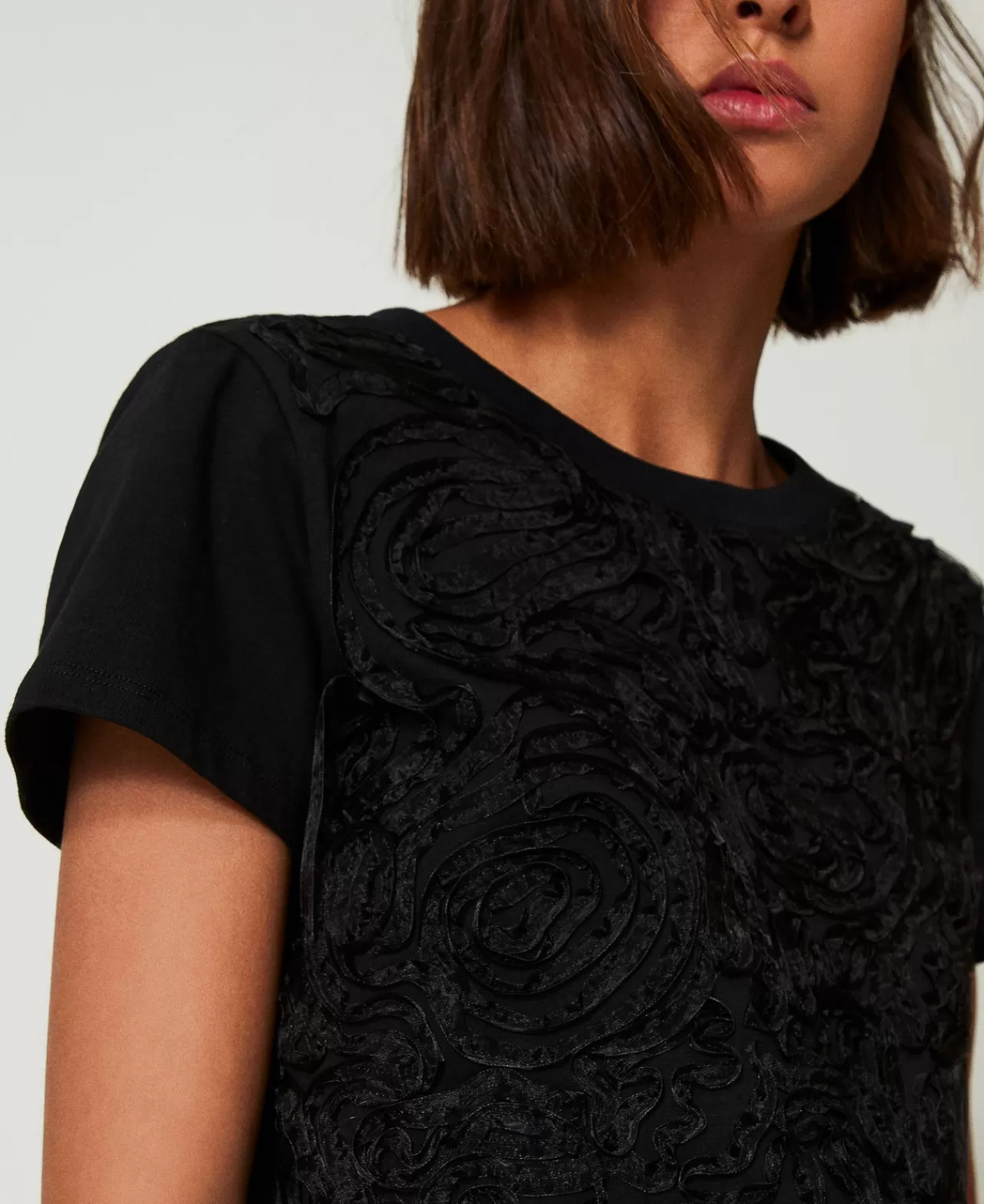 T-Shirt E Top | TWINSET Milano T-shirt Con Ricami In Organza Nero