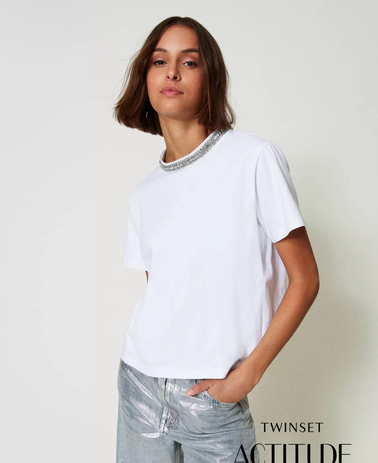 T-Shirt E Top | TWINSET Milano T-shirt Con Ricamo A Mano Bianco "Papers"