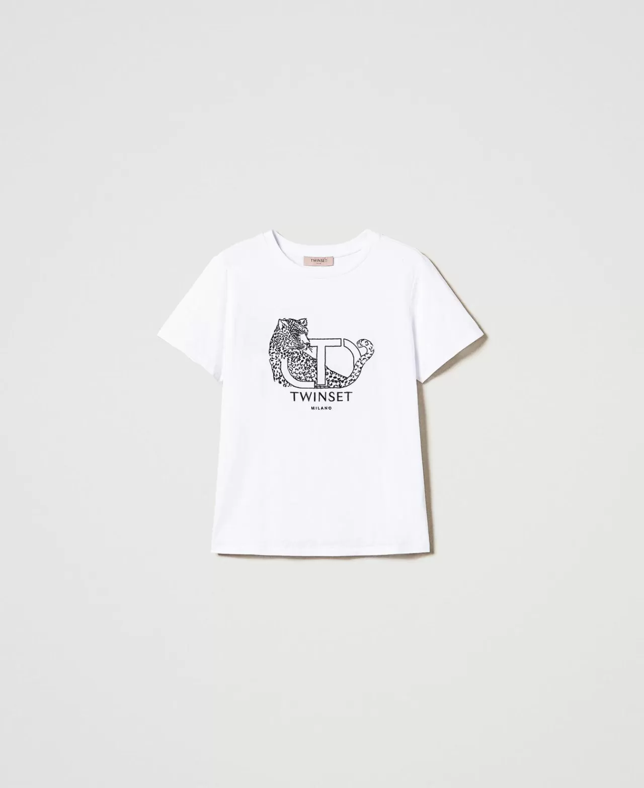 T-Shirt E Top | TWINSET Milano T-shirt Con Ricamo Logo E Giaguaro Bianco