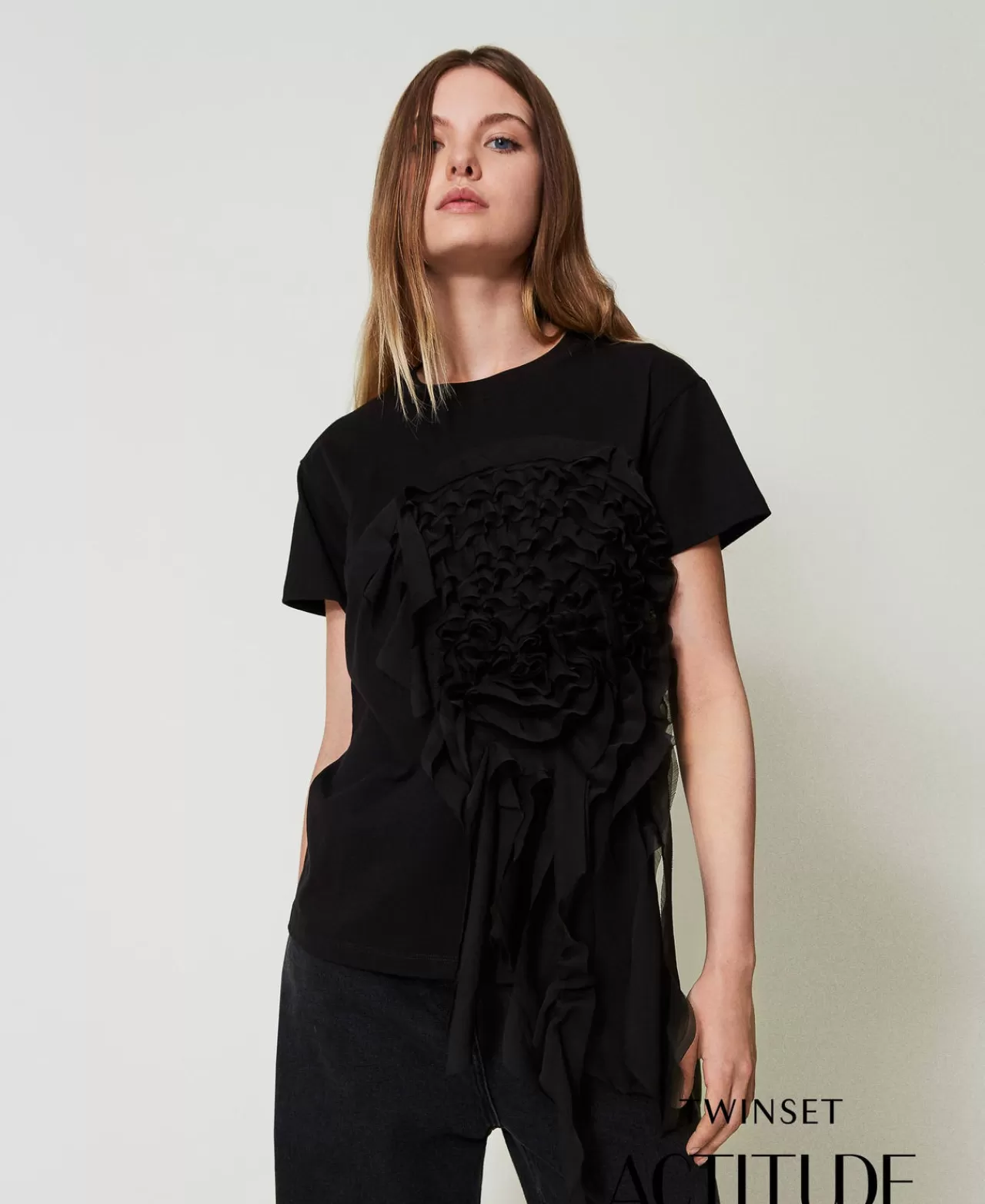 T-Shirt E Top | TWINSET Milano T-shirt Con Volant In Creponne Nero