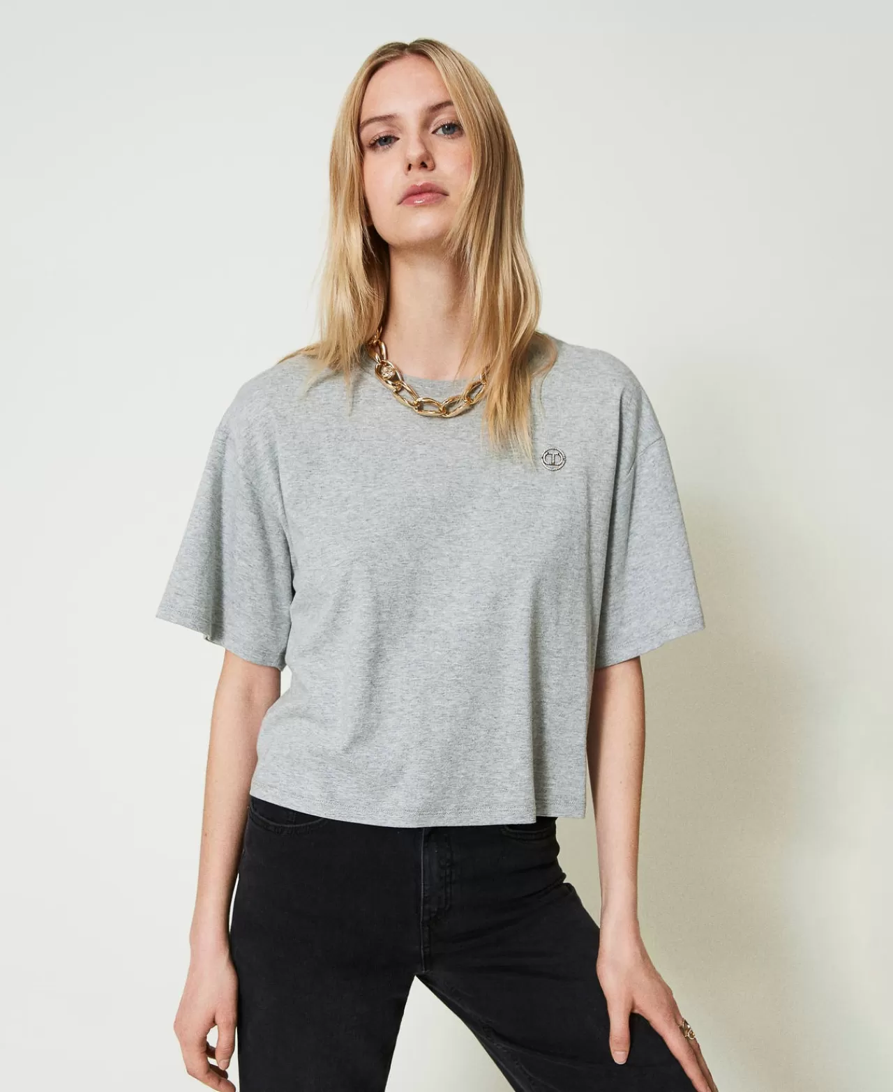 T-Shirt E Top | TWINSET Milano T-shirt Mélange Con Oval T Grigio Mélange Medio