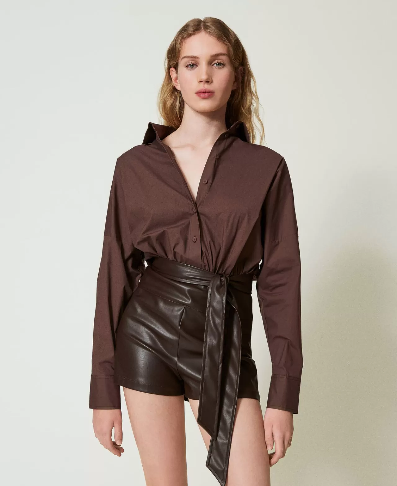 Tute | Vestiti Corti | TWINSET Milano Tuta Corta In Popeline E Tessuto Spalmato Cioccolato
