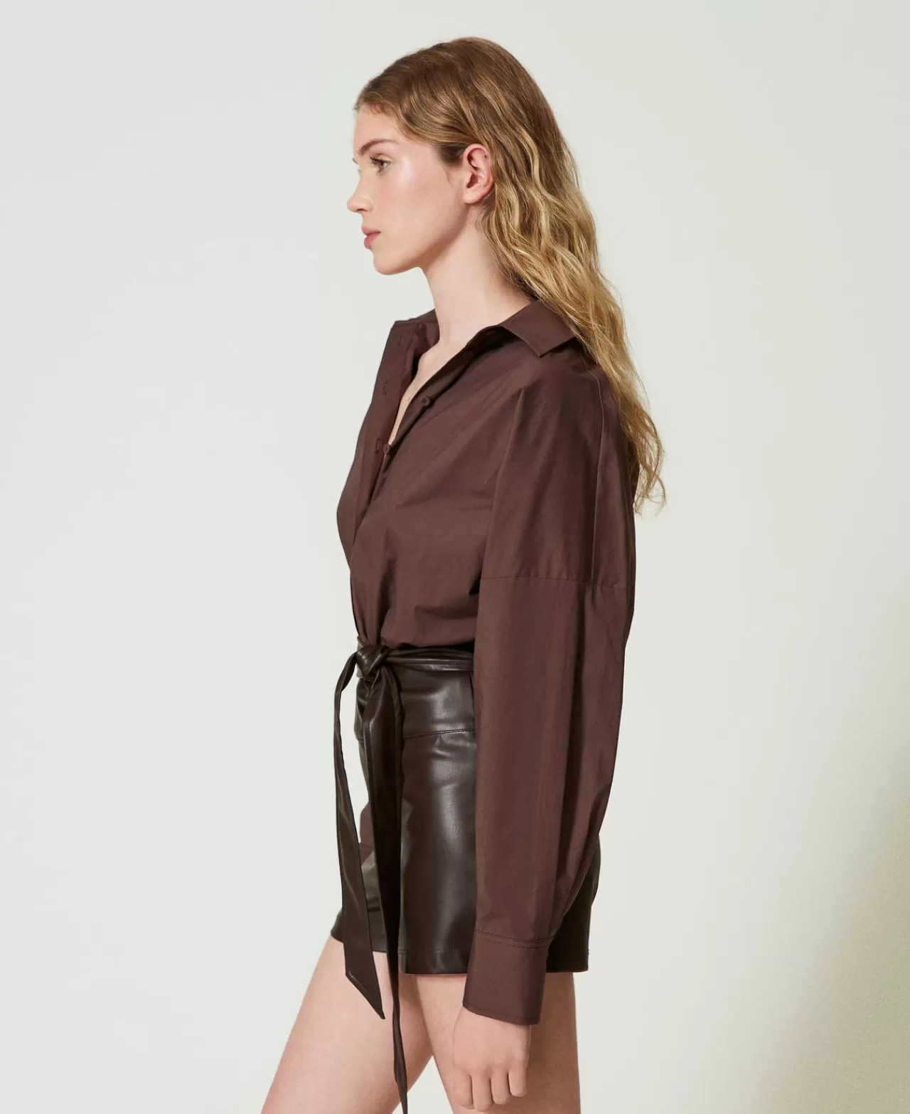Tute | Vestiti Corti | TWINSET Milano Tuta Corta In Popeline E Tessuto Spalmato Cioccolato