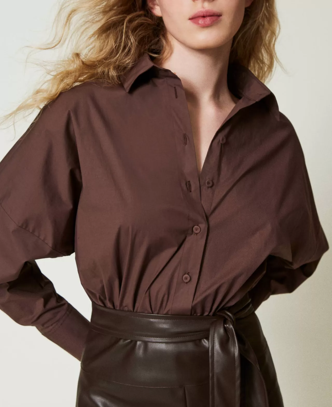 Tute | Vestiti Corti | TWINSET Milano Tuta Corta In Popeline E Tessuto Spalmato Cioccolato
