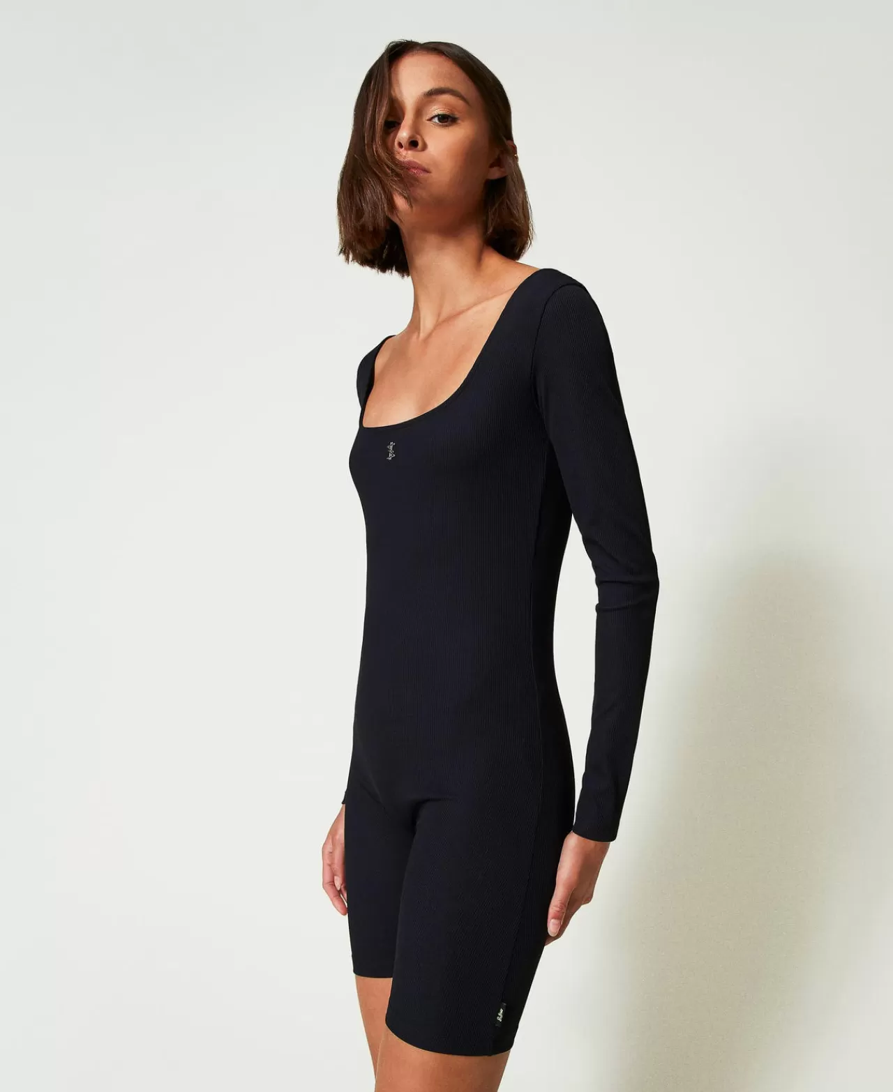Tute | Vestiti Corti | TWINSET Milano Tuta Corta MYFO A Costine Con Logo Nero
