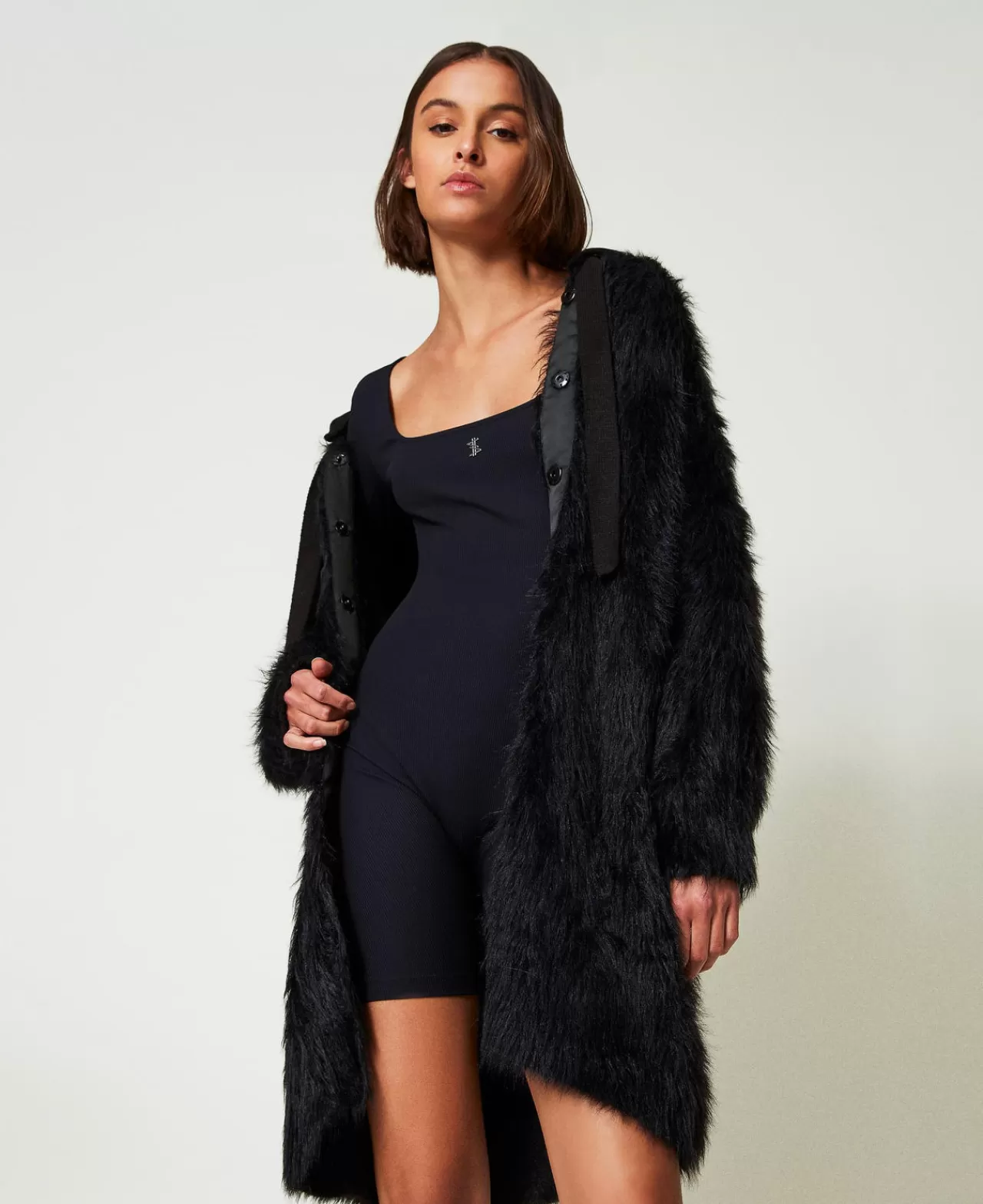 Tute | Vestiti Corti | TWINSET Milano Tuta Corta MYFO A Costine Con Logo Nero