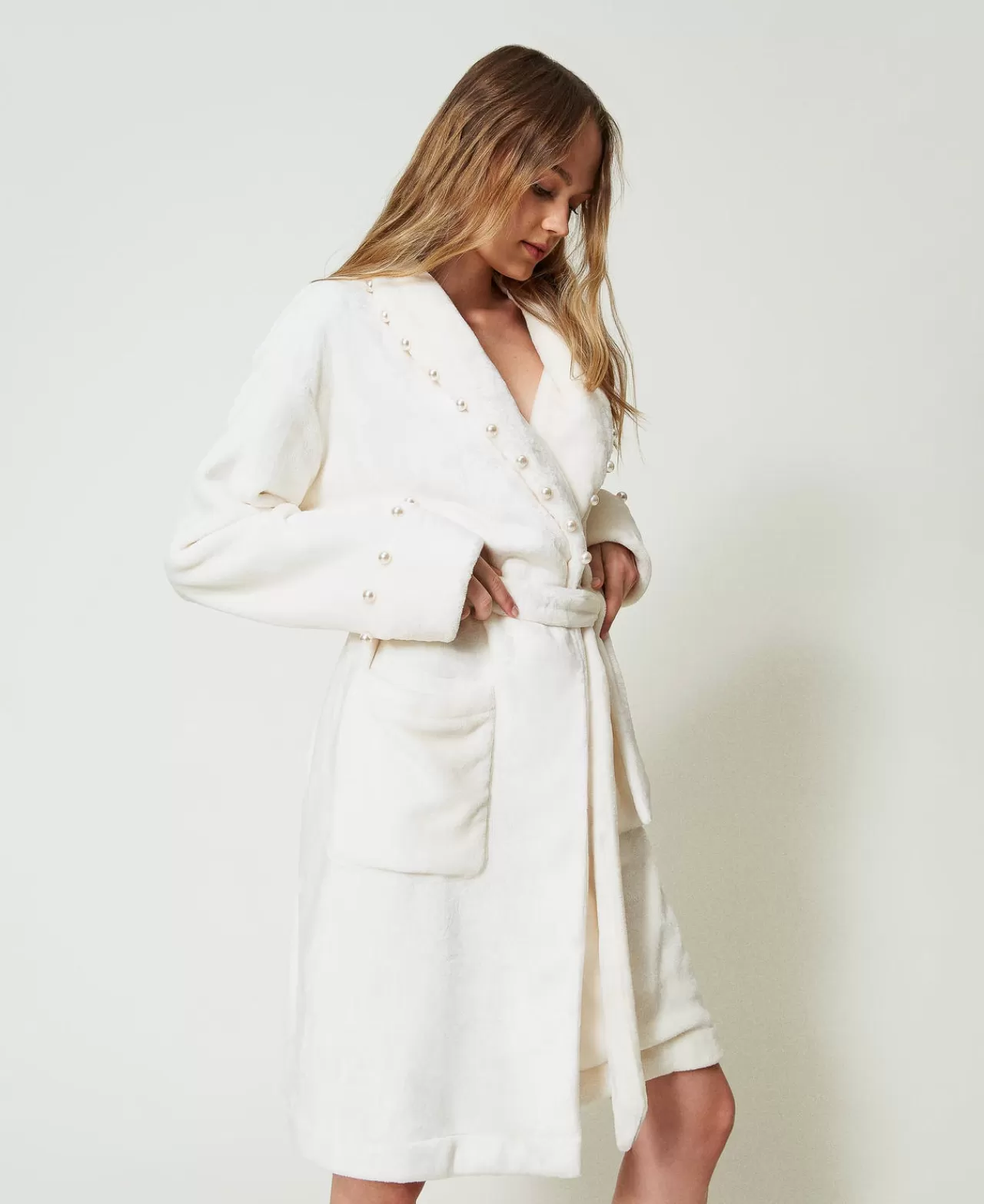 Intimo E Nightwear | TWINSET Milano Vestaglia In Faux Fur Con Perle Bianco Antique White