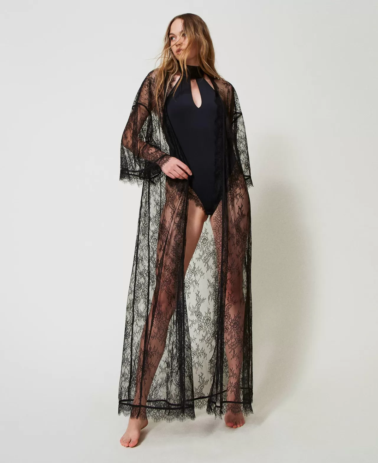 Intimo E Nightwear | TWINSET Milano Vestaglia Lunga In Pizzo Con Cintura Nero