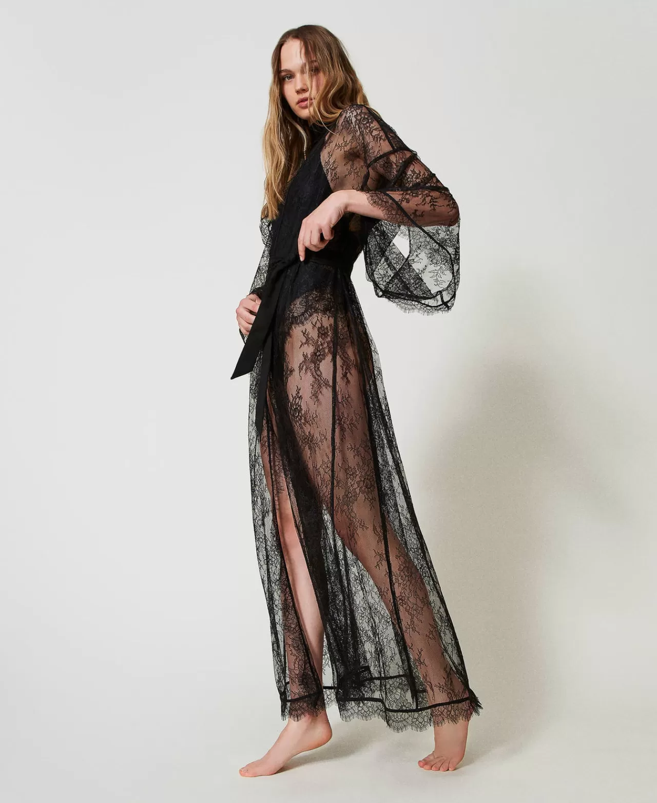 Intimo E Nightwear | TWINSET Milano Vestaglia Lunga In Pizzo Con Cintura Nero