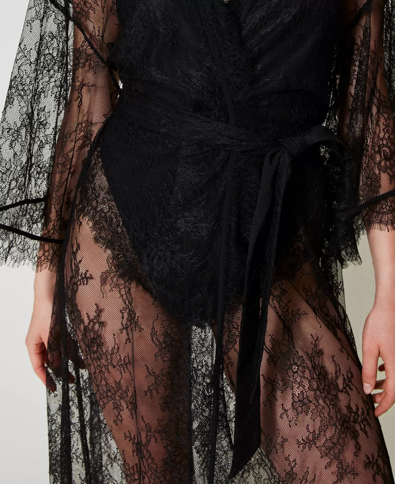 Intimo E Nightwear | TWINSET Milano Vestaglia Lunga In Pizzo Con Cintura Nero